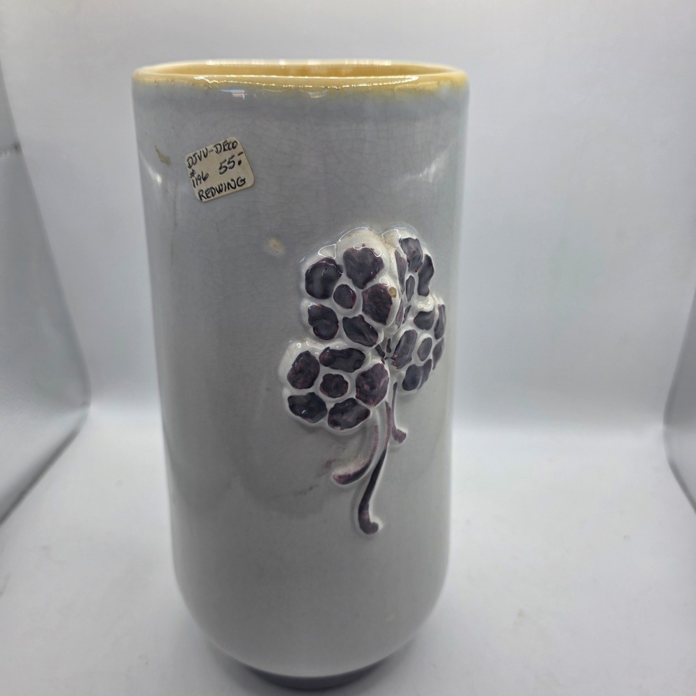 Large Vintage Art Pottery Vase Gray Crackle Glaze Purple Raised Flowers MCM